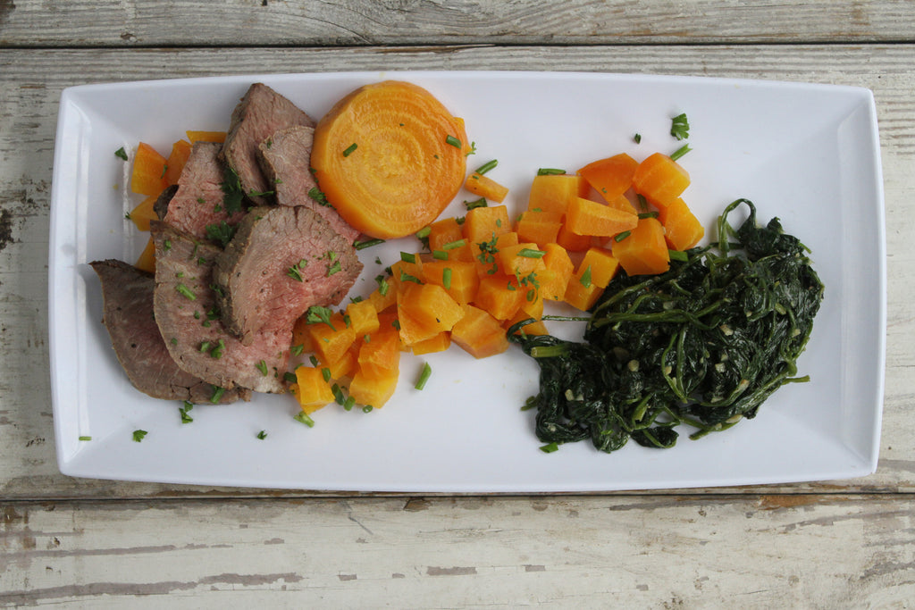 Black Pepper Tenderloin with Golden Beets and Sautéed Spinach - Pete's Paleo