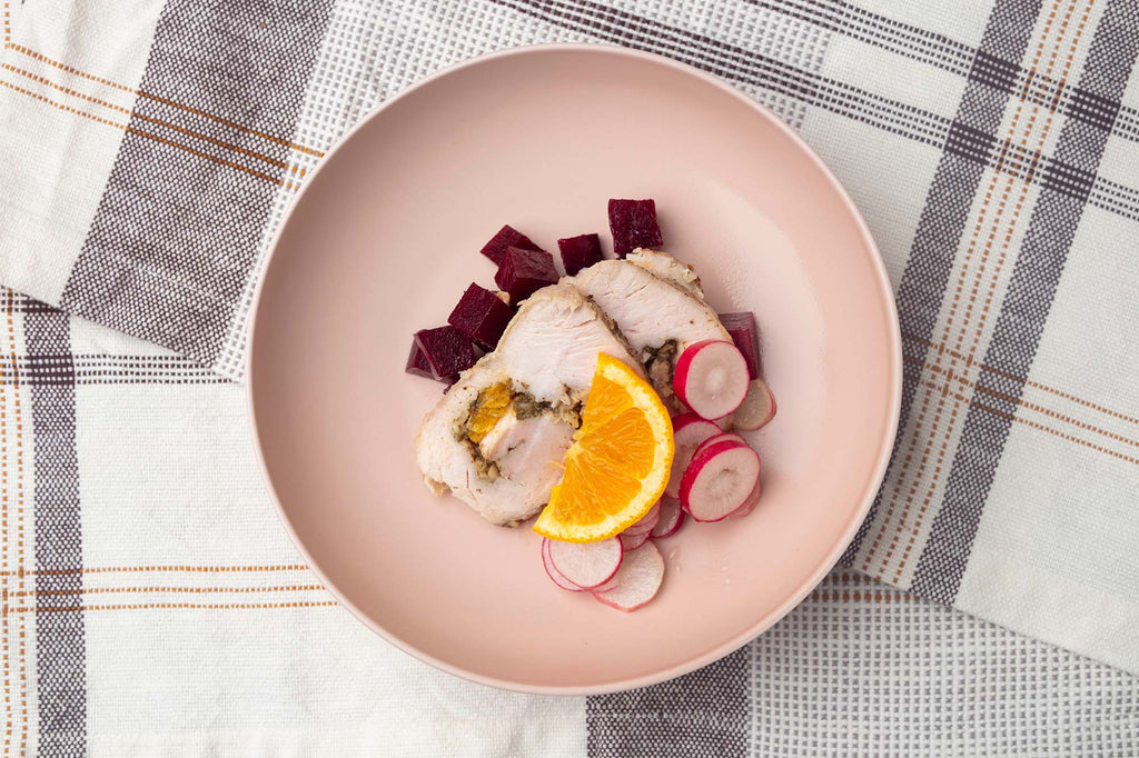 Citrus and Sage Turkey Roulade with Beets and Radishes